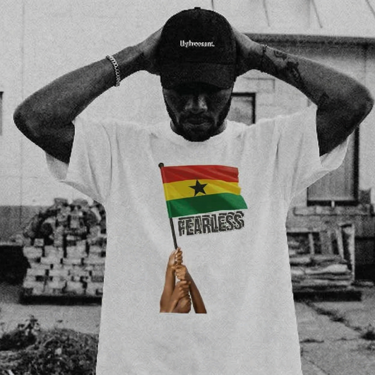 white Ghana clothing unisex t shirt with fearless graphic and Ghana flag print, trendy crop top streetwear style