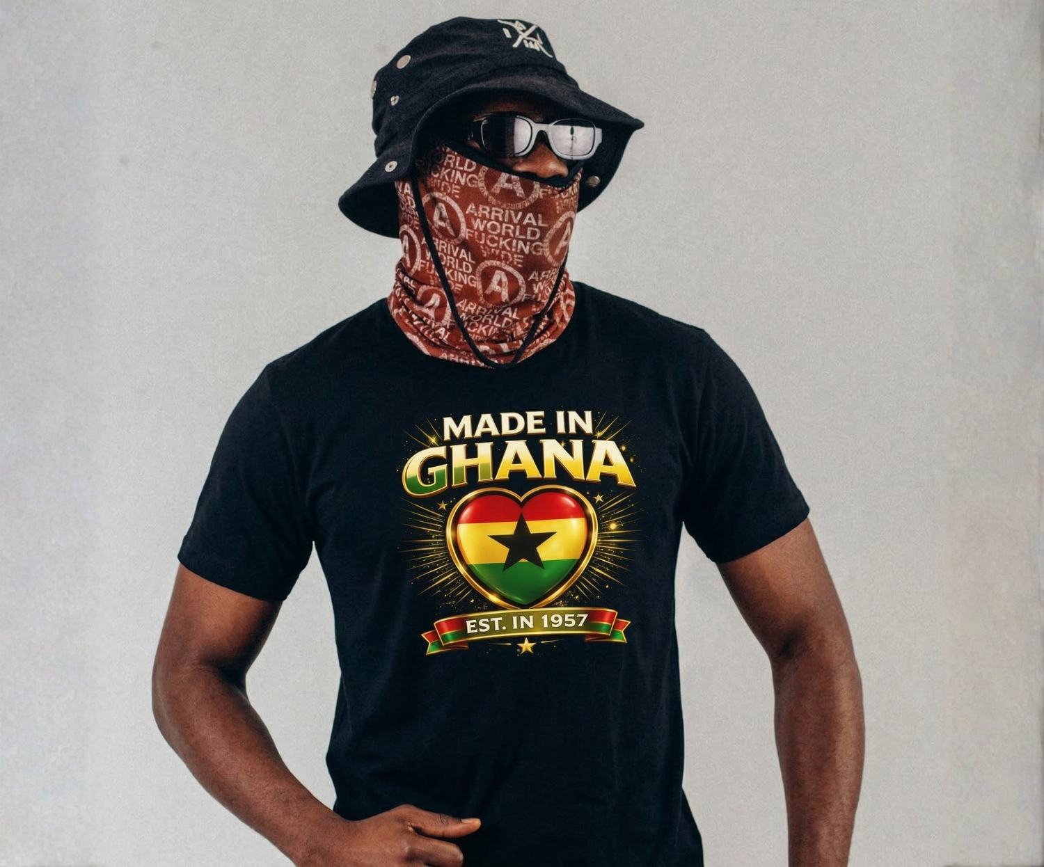 black Ghana clothing brand t shirt with made in Ghana graphic, stylish streetwear from Ghana clothing brand