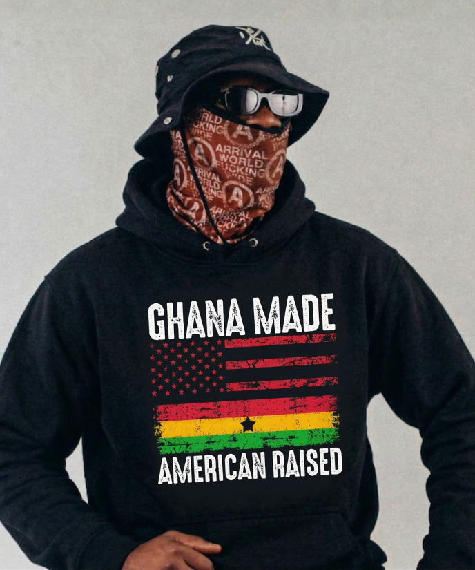 black Ghana clothing crop hoodie with Ghana flag design, organic cotton sweatshirt streetwear style for men